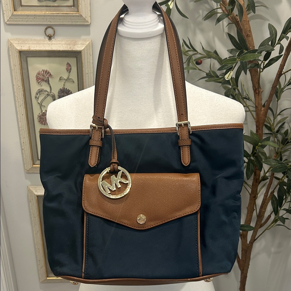 Michael Kors Navy and Brown Leather-Trim Nylon Tote